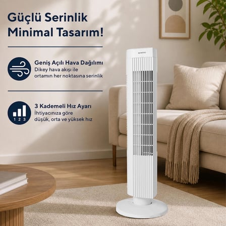Kumtel KTF-258W Kule Tipi 50W Zaman Ayarlı 3 Hız Kademeli Sessiz Vantilatör