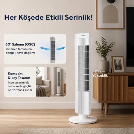 Kumtel KTF-258W Kule Tipi 50W Zaman Ayarlı 3 Hız Kademeli Sessiz Vantilatör