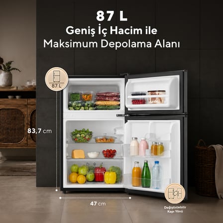 kumtel htmf-90eb 87 l çift kapılı mini buzdolabı - siyah