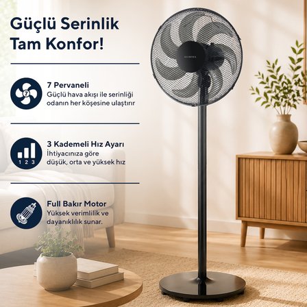 Kumtel KTF-760 Siyah 16 İnç Ayaklı Vantilatör 50 W,7 Pervaneli,3 Kademeli, 130 cm Yükseklik