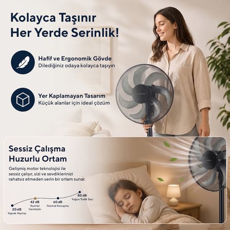 Kumtel KTF-760 Siyah 16 İnç Ayaklı Vantilatör 50 W,7 Pervaneli,3 Kademeli, 130 cm Yükseklik
