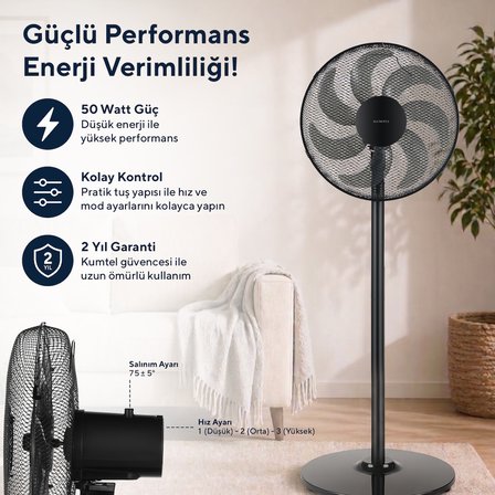 Kumtel KTF-760 Siyah 16 İnç Ayaklı Vantilatör 50 W,7 Pervaneli,3 Kademeli, 130 cm Yükseklik