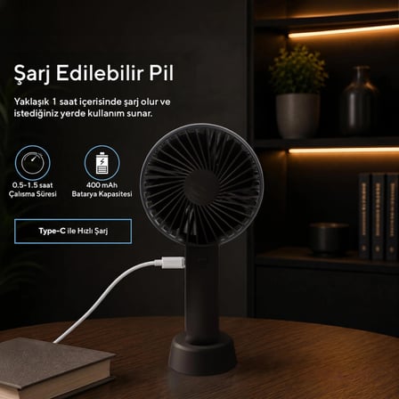 Kumtel Şarj Edilebilir Mini El Vantilatörü | Type-C Şarjlı | 3 Kademeli | 400 mAh HFF-02C