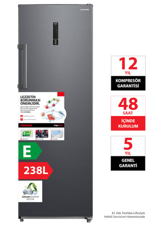 Toshiba Hızlı ve Dengeli Soğutma 238 L Dikey Derin Dondurucu Morandi Gri GR-RU312WE-PMT(06)