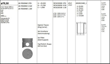 Vag Piston+segman (79,51mm Std) Golf III T4 İbiza II Toledo I Passat A80 Cordoba 1,9td Abl Aaz Ade 91>03 - Kingpiston 18-7050940