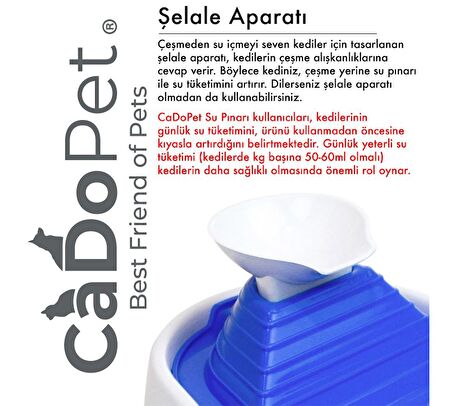 Cado Pet Kedi Köpek Su Pınarı Şelale 2 Litre - 5 volt ( usb'li ) Mavi