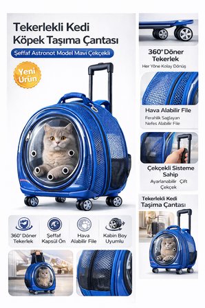 Jumbo Fileli Tekerlekli Kedi Köpek Taşıma Çantası 45 x 50 x 27 cm Mavi 15 kg