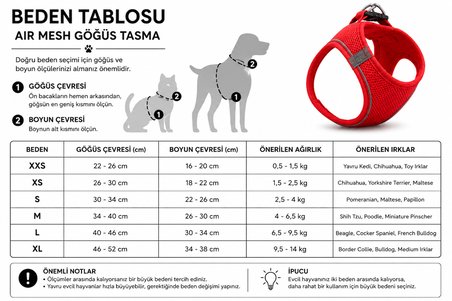 Nefes Alan Kumaş Air Mesh Kedi Köpek Göğüs Tasması XX Small 28x32 cm Kırmızı