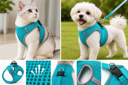 Nefes Alan Kumaş Air Mesh Kedi Köpek Göğüs Tasması XX Small 28x32 cm Turkuaz