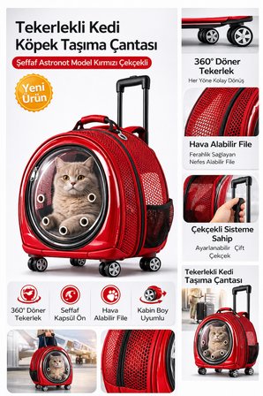 Jumbo Fileli Tekerlekli Kedi Köpek Taşıma Çantası 45 x 50 x 27 cm Kırmızı 15 kg