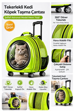 Jumbo Fileli Tekerlekli Kedi Köpek Taşıma Çantası 45 x 50 x 27 cm Neon Yeşil 15 kg