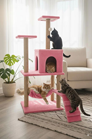 Catoys Hamaklı Yuvalı Lüx Kedi Tırmalama Evi Pembe