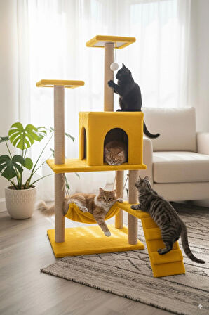 Catoys Hamaklı Yuvalı Lüx Kedi Tırmalama Evi Sarı