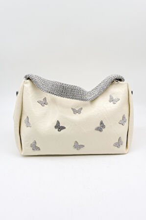 Kriste Bell Marka İthal Kelebek Aksesuarlı Taş Kulp Kadın Şık Çanta KB892 - Beyaz