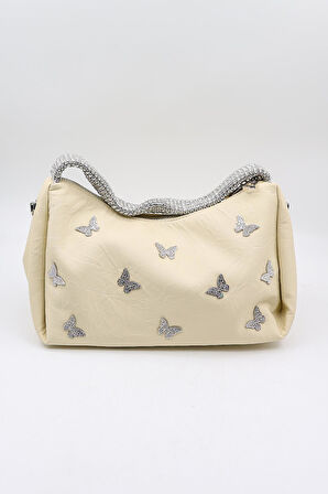 Kriste Bell Marka İthal Kelebek Aksesuarlı Taş Kulp Kadın Şık Çanta KB892 - Bej