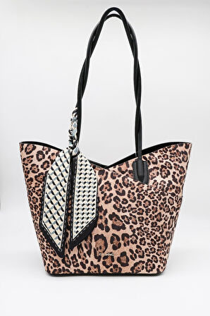 Kriste Bell Marka İthal Fularlı kadın Kol Çanta KB763 Leopar Siyah