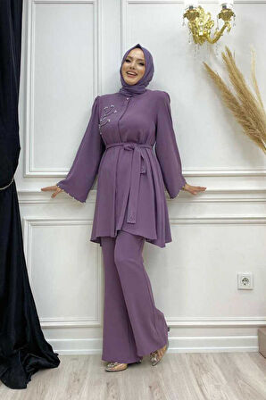 Taş İşleme Detaylı Kuşaklı Tunik ve Pantolonlu Takım 8432 Lila