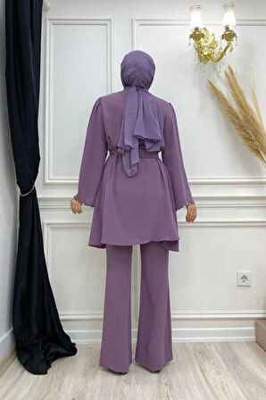 Taş İşleme Detaylı Kuşaklı Tunik ve Pantolonlu Takım 8432 Lila