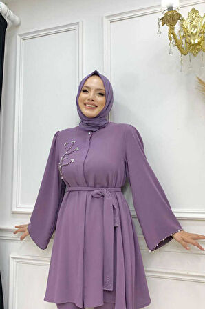 Taş İşleme Detaylı Kuşaklı Tunik ve Pantolonlu Takım 8432 Lila
