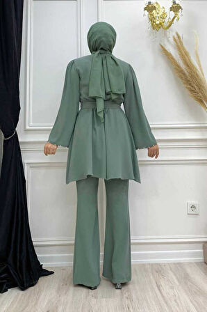 Taş İşleme Detaylı Kuşaklı Tunik ve Pantolonlu Takım 8432 Mint