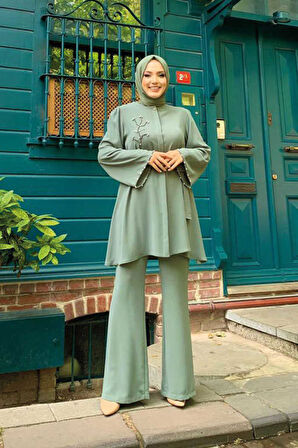 Taş İşleme Detaylı Kuşaklı Tunik ve Pantolonlu Takım 8432 Mint