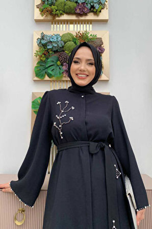 Taş İşleme Detaylı Kuşaklı Tunik ve Pantolonlu Takım 8432 Siyah