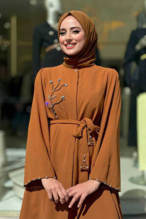 Taş İşleme Detaylı Kuşaklı Tunik ve Pantolonlu Takım 8432 Taba