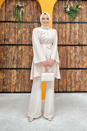 Taş İşleme Detaylı Kuşaklı Tunik ve Pantolonlu Takım 8432 Taş