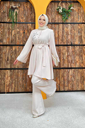 Taş İşleme Detaylı Kuşaklı Tunik ve Pantolonlu Takım 8432 Taş