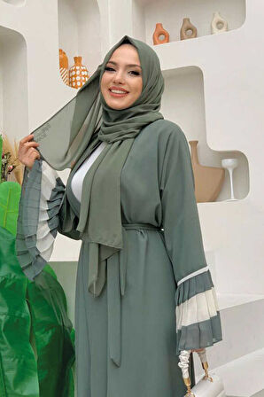 Kol ve Etek Ucu İki Renkli Bel Kuşaklı Piliseli Abaya 7454 Mint