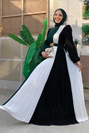 Üç Renkli Bel Kemer Pilise Detay Elbise 3622 Zümrüt