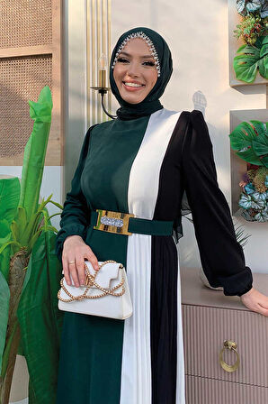 Üç Renkli Bel Kemer Pilise Detay Elbise 3622 Zümrüt