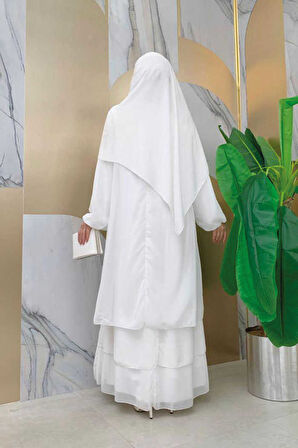 Kat Kat Görünüm Kol Manşetleri Lastikli Şifon Elbise 3060 Ekru