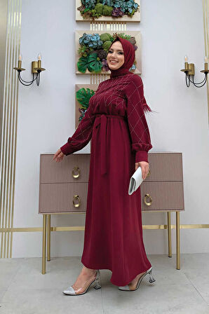 Taş İşlemeli Kuşaklı Elbise 3830 Bordo