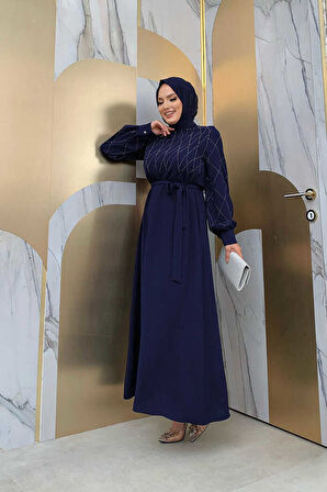 Taş İşlemeli Kuşaklı Elbise 3830 Lacivert