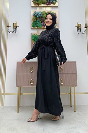 Taş İşlemeli Kuşaklı Elbise 3830 Siyah