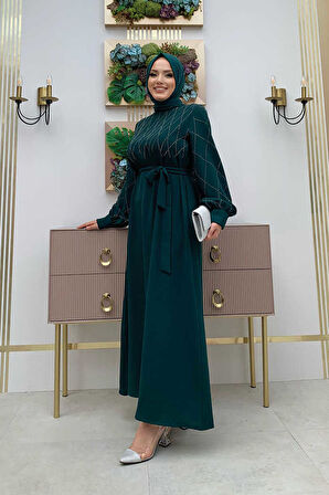 Taş İşlemeli Kuşaklı Elbise 3830 Zümrüt