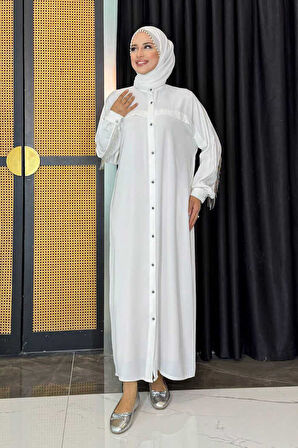 Arkası Zincir Püskül Detay Boydan Düğmeli Yarasakol Ferace 7822 Ekru