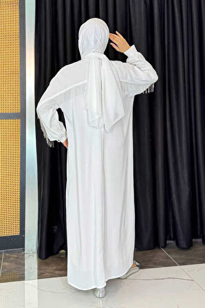 Arkası Zincir Püskül Detay Boydan Düğmeli Yarasakol Ferace 7822 Ekru