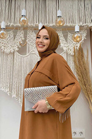 Arkası Zincir Püskül Detay Boydan Düğmeli Yarasakol Ferace 7822 Taba