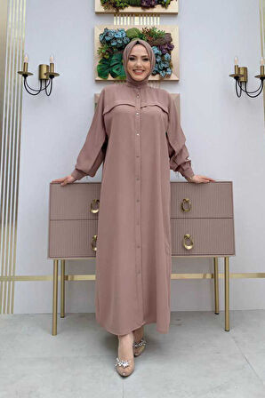 Arkası Zincir Püskül Detay Boydan Düğmeli Yarasakol Ferace 7822 Vizon