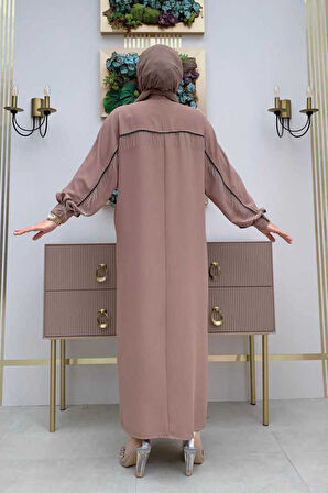 Arkası Zincir Püskül Detay Boydan Düğmeli Yarasakol Ferace 7822 Vizon