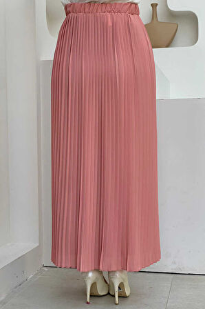 Bel Lastikli Piliseli Şifon Etek 1152 Pudra