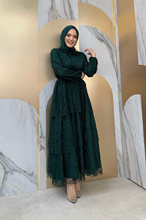 Dantel Kat Kat Detaylı Kol Manşetleri Lastikli Kuşaklı Astarlı Elbise 3614 Zümrüt