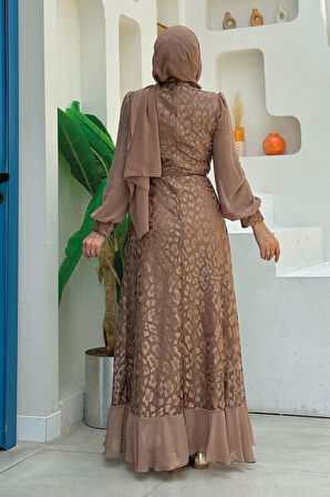 Dantel Görünümlü Şifon Fırfır Detay Elbise 3783 Vizon