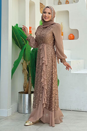 Dantel Görünümlü Şifon Fırfır Detay Elbise 3783 Vizon