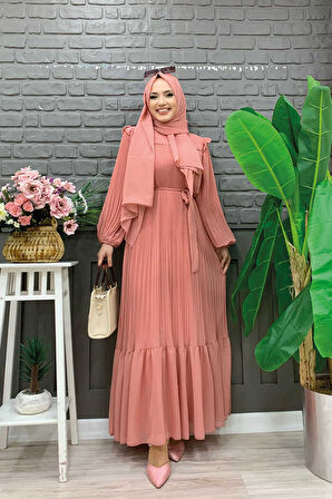 Piliseli Fırfır Görünümlü Bel Kuşaklı Şifon Elbise 3628 Somon