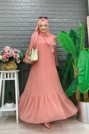 Piliseli Fırfır Görünümlü Bel Kuşaklı Şifon Elbise 3628 Somon