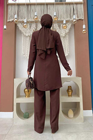 Taş Baskı Desenli Tunik Pantolon Takım 8447 Kahverengi