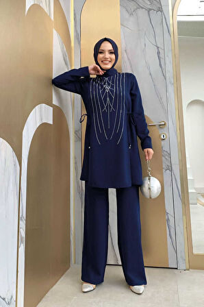Taş Baskı Desenli Tunik Pantolon Takım 8447 Lacivert